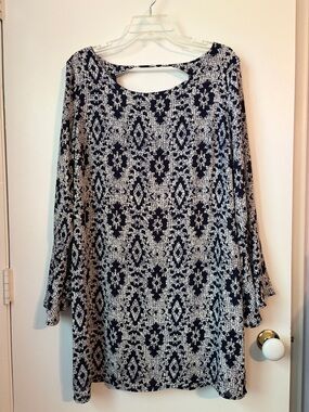 Navy and Cream Printed Cutout Back Midi Dress